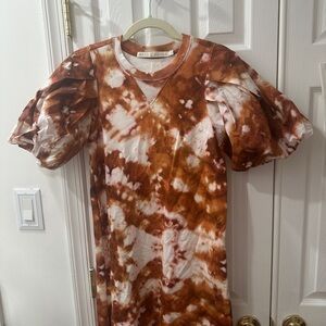 Marie Oliver Rust and Cream Tie-Dye Puffy Sleeve T Shirt Dress